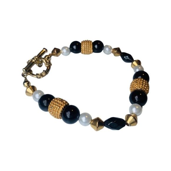 Womens White Pearl Black Beaded Vintage Gold Tone Tennis Bracelet 7.5” - Picture 6 of 6